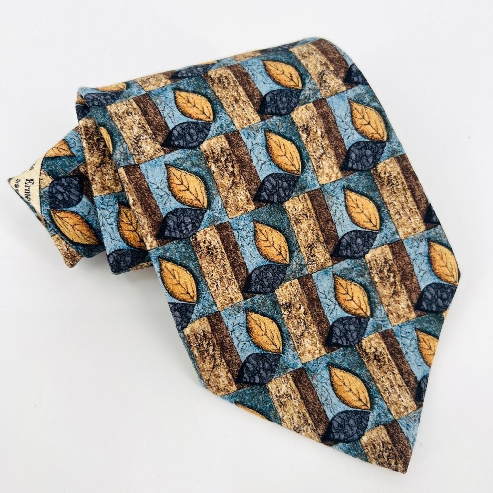 Ermenegildo Zegna Disegno Esclusivo‎ 100% Silk Necktie Fall Leaves Blue Tan